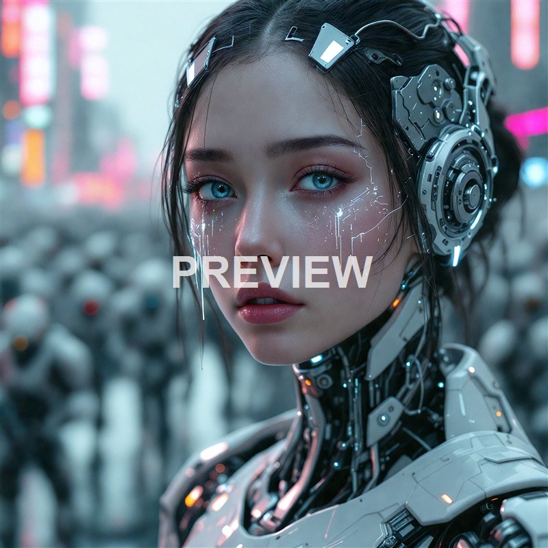 A highly detailed, futuristic female cyborg with blue eyes, cybernetic enhancements on her face and body, and a background filled with other similar figures in a sci-fi cityscape.